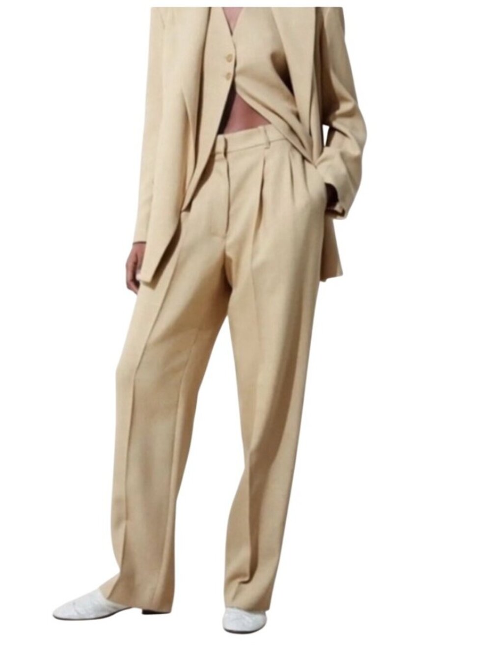 COS Beige Pleated Tailored tapered Trousers High-Waist Wide-Leg Pants Size 6